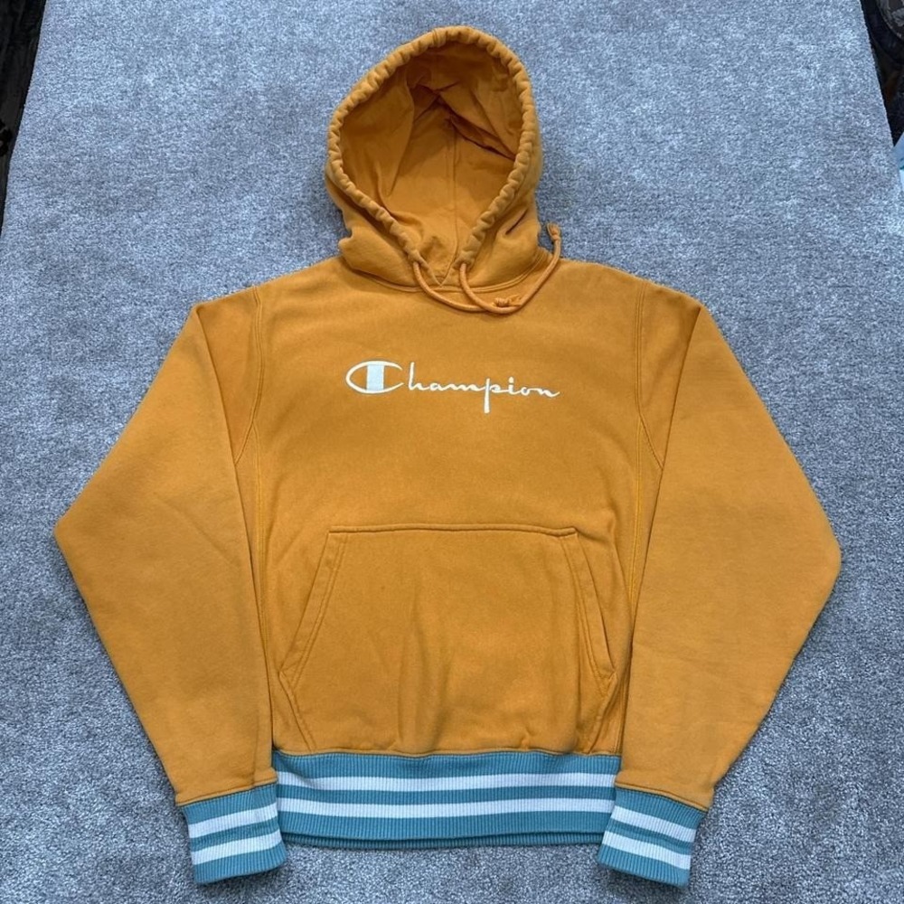 Champion Reverse Weave Hoodie Small Yellow Retro Striped Cuffs & Waist
